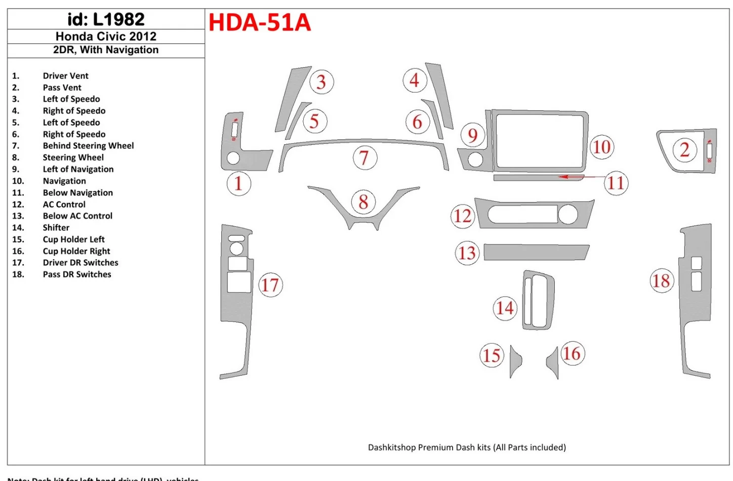 Honda Civic 2012-UP With NAVI Interior BD Dash Trim Kit - 1 - Interior Dash Trim Kit