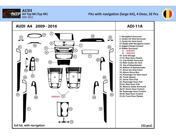 Audi A4 B8 Typ 8K 2007-2015 3D Interior Dashboard Trim Kit Dash Trim Dekor 32-Parts - 1 - Interior Dash Trim Kit