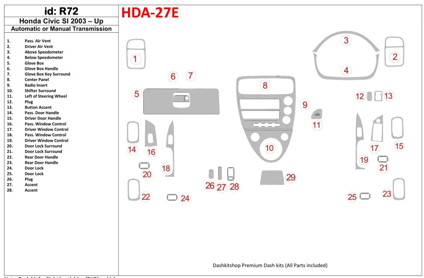 Honda Civic SI 2002-UP SI Model Interior BD Dash Trim Kit - 1 - Interior Dash Trim Kit