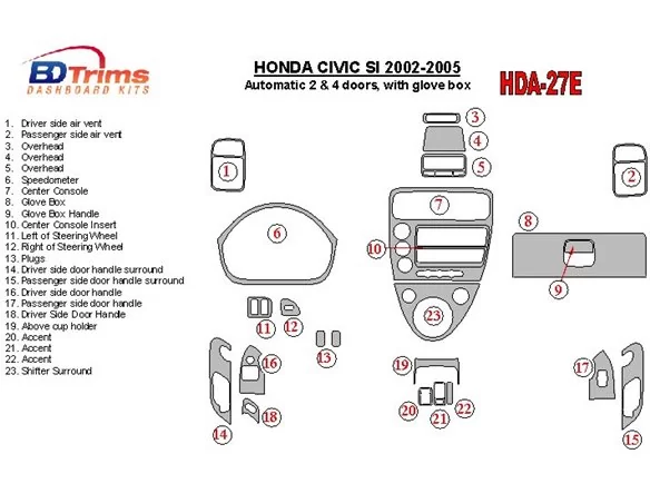 Honda Civic SI 2002-UP SI Model Interior BD Dash Trim Kit