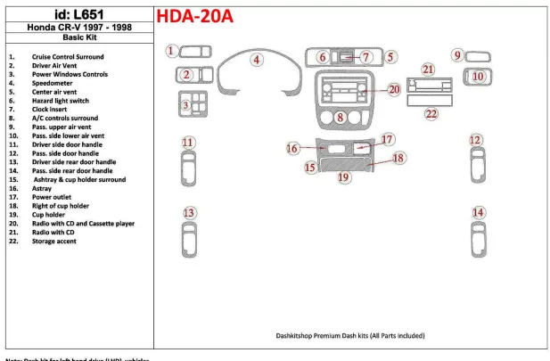 Honda CR-V 1997-1998 Basic Set, 22 Pieces, Interior BD Dash Trim Kit - 1 - Interior Dash Trim Kit