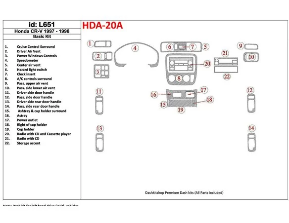 Honda CR-V 1997-1998 Basic Set, 22 Pieces, Interior BD Dash Trim Kit - 1 - Interior Dash Trim Kit