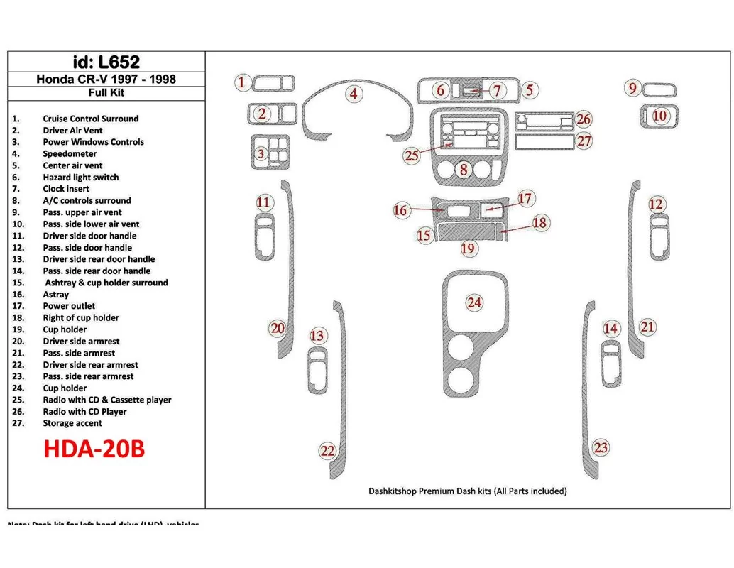 Honda CR-V 1997-1998 Full Set, 27 Pieces, Interior BD Dash Trim Kit - 1 - Interior Dash Trim Kit