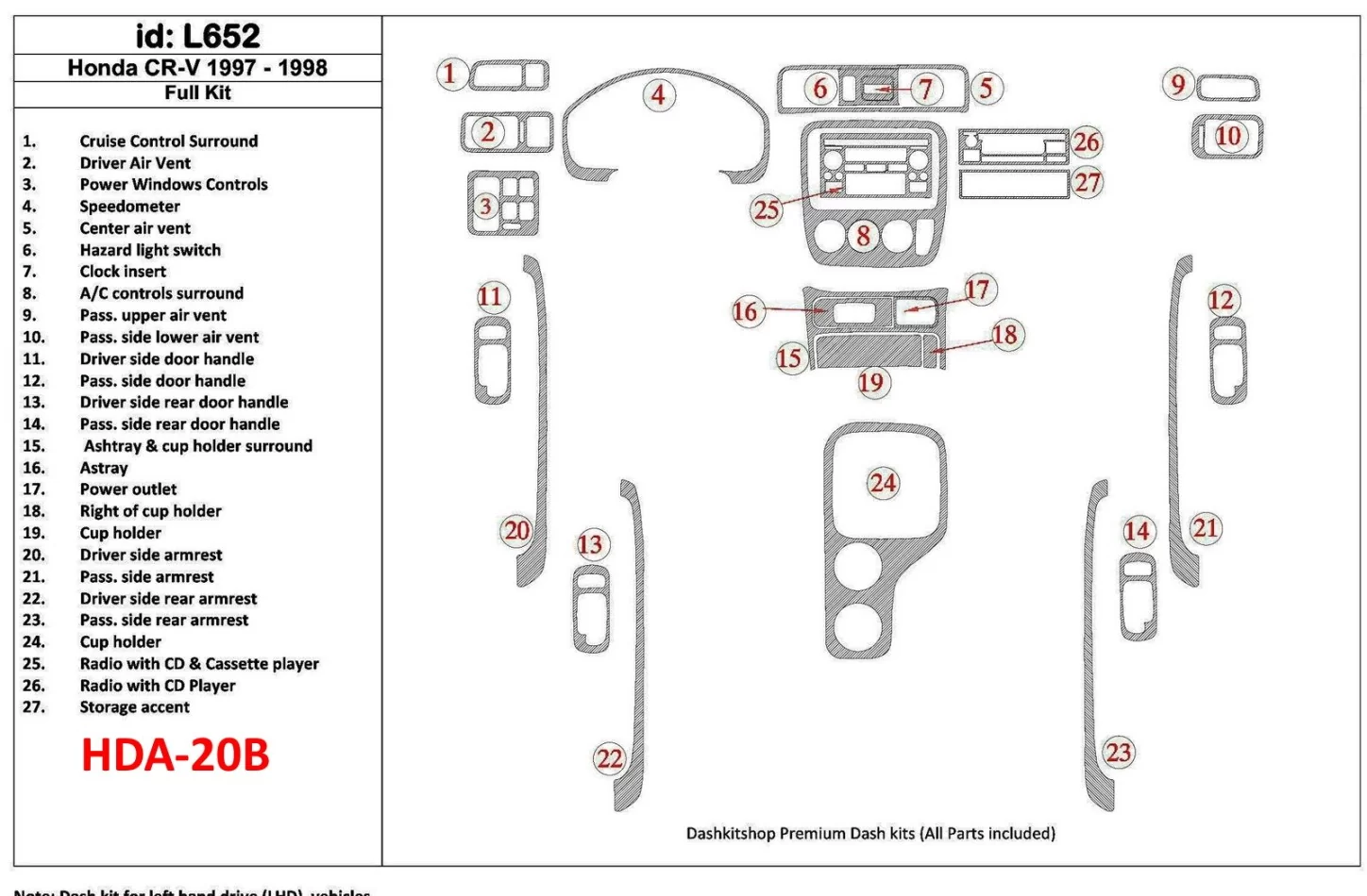 Honda CR-V 1997-1998 Full Set, 27 Pieces, Interior BD Dash Trim Kit - 1 - Interior Dash Trim Kit