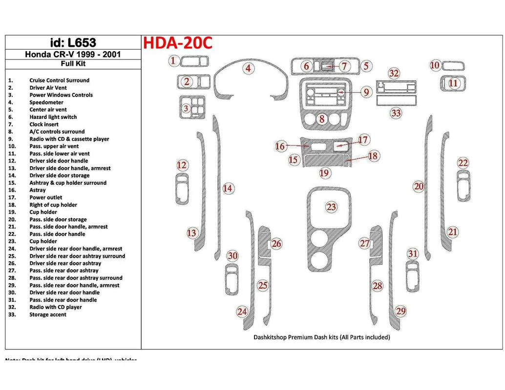 Honda CR-V 1999-2001 Full Set, 33 Parts set Interior BD Dash Trim Kit - 1 - Interior Dash Trim Kit