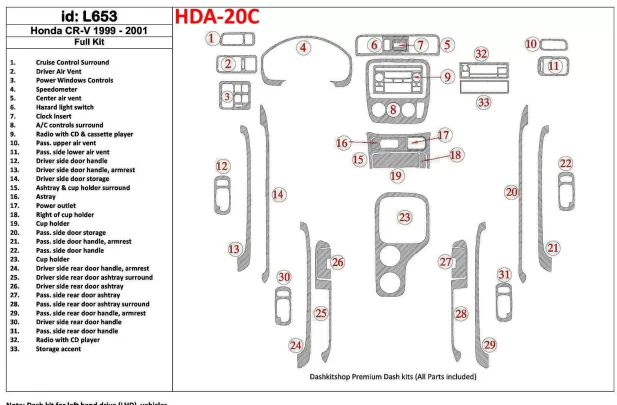 Honda CR-V 1999-2001 Full Set, 33 Parts set Interior BD Dash Trim Kit - 1 - Interior Dash Trim Kit