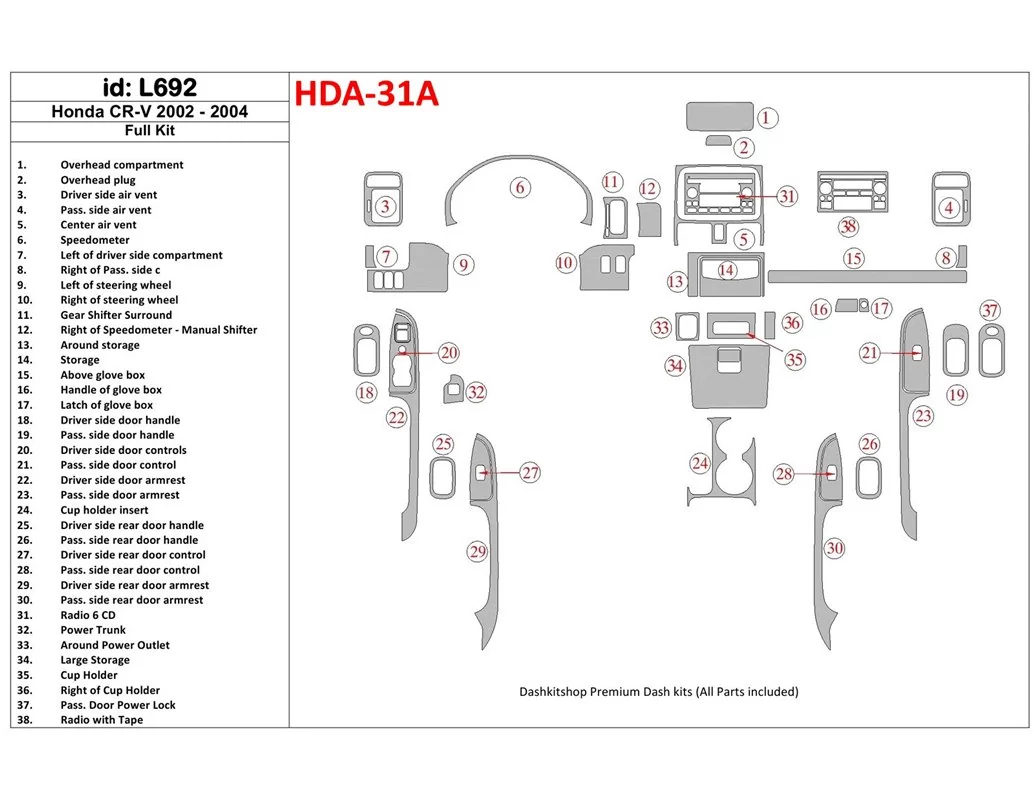 Honda CR-V 2002-2004 Full Set, 30 Parts set Interior BD Dash Trim Kit - 1 - Interior Dash Trim Kit