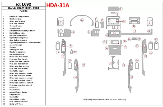 Honda CR-V 2002-2004 Full Set, 30 Parts set Interior BD Dash Trim Kit - 1 - Interior Dash Trim Kit