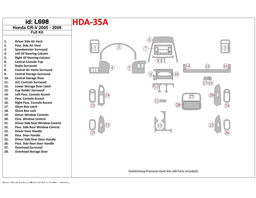 Honda CR-V 2005-2006 Full Set Interior BD Dash Trim Kit - 1 - Interior Dash Trim Kit