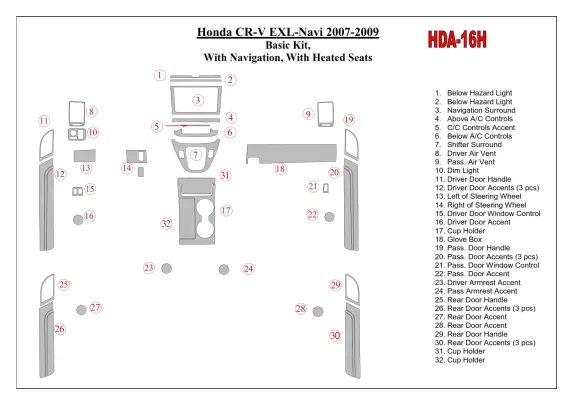 Honda CR-V 2007-2009 Basic Set, With NAVI,with Heated Seats Interior BD Dash Trim Kit - 1 - Interior Dash Trim Kit