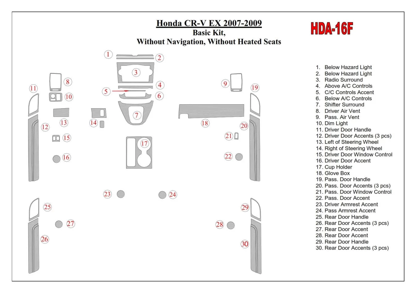Honda CR-V 2007-2009 Basic Set, Without NAVI, Without Heated Seats Interior BD Dash Trim Kit - 1 - Interior Dash Trim Kit