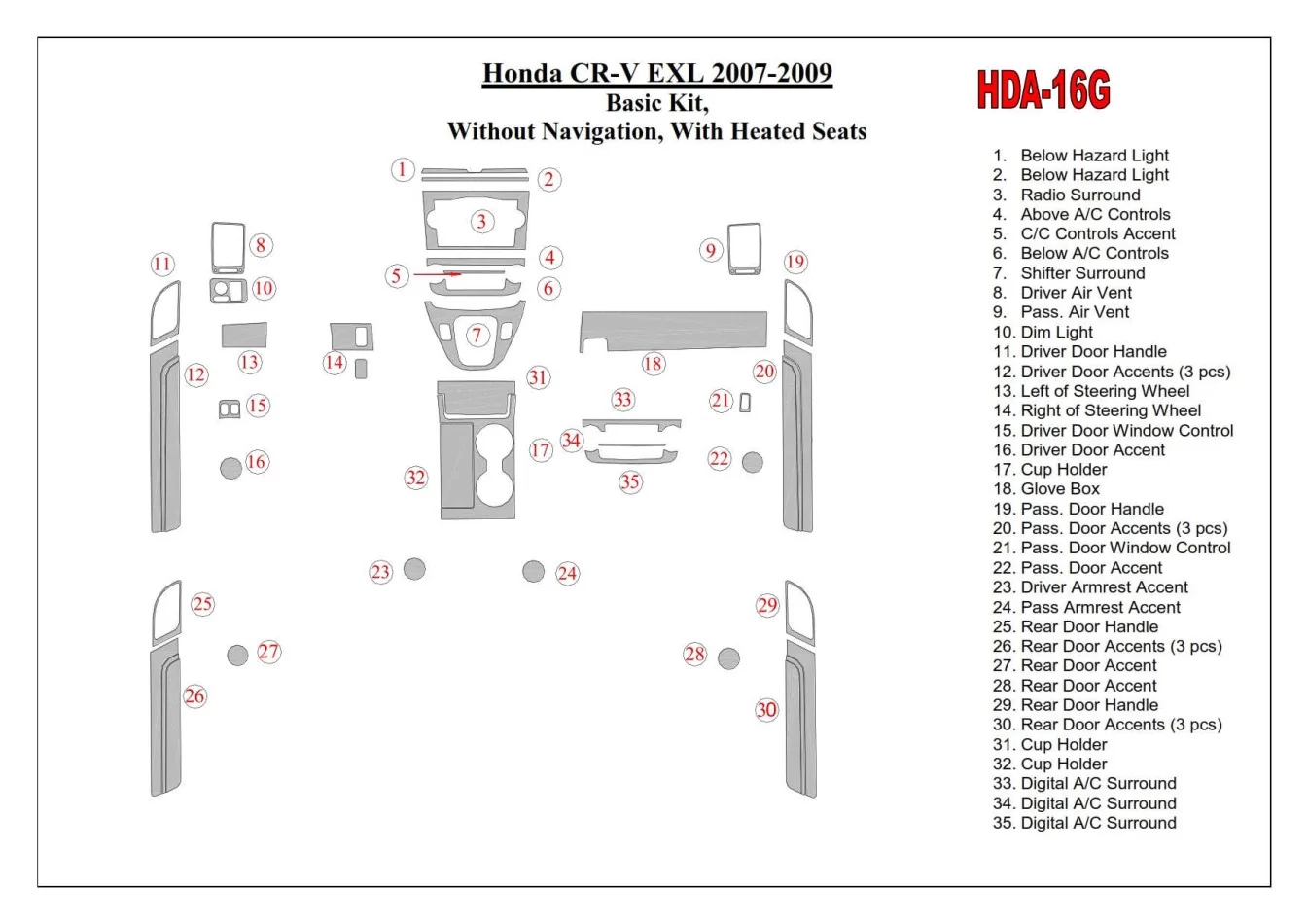 Honda CR-V 2007-2009 Basic Set, Without NAVI,with Heated Seats Interior BD Dash Trim Kit - 1 - Interior Dash Trim Kit