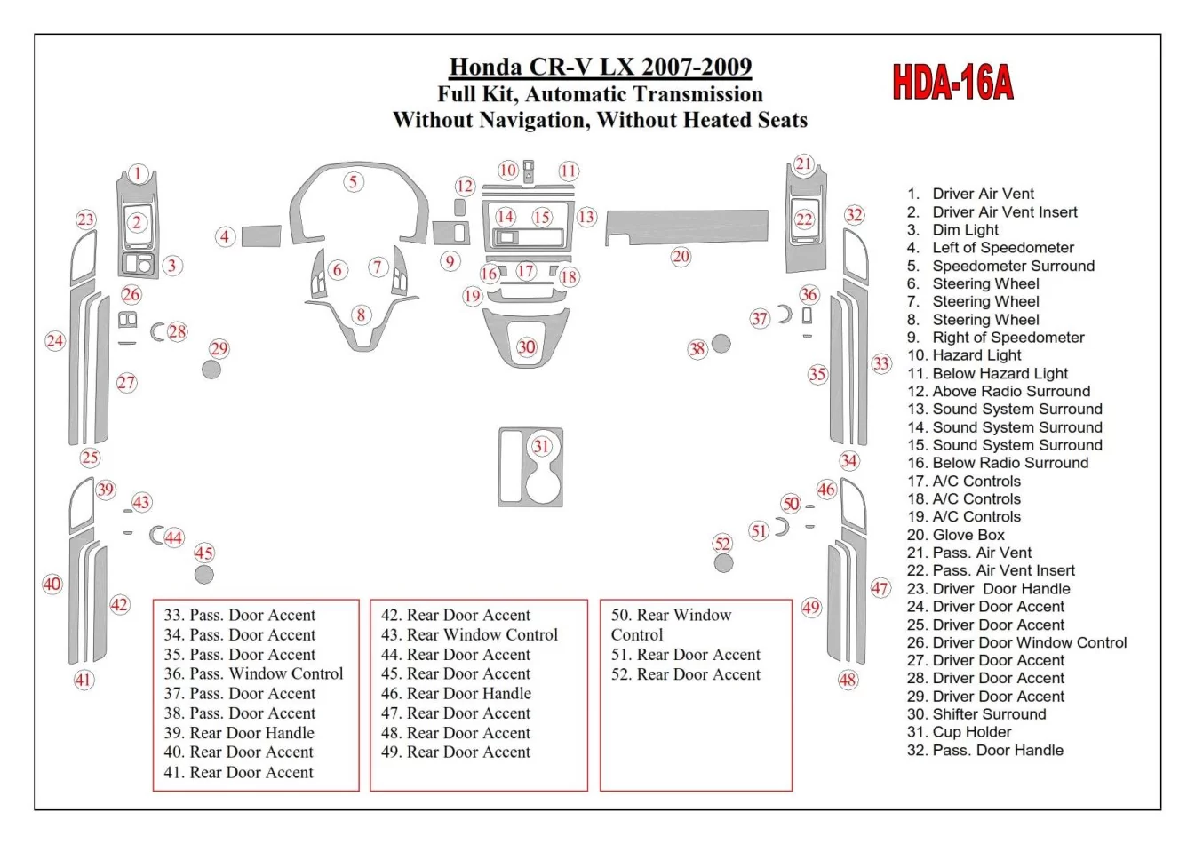Honda CR-V 2007-2009 Full Set, Automatic Gear, Without NAVI, Without Heated Seats Interior BD Dash Trim Kit - 1 - Interior Dash 