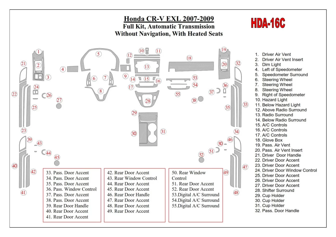 Honda CR-V 2007-2009 Full Set, EXL Model, Automatic Gear, Without NAVI,with Heated Seats Interior BD Dash Trim Kit - 1 - Interio