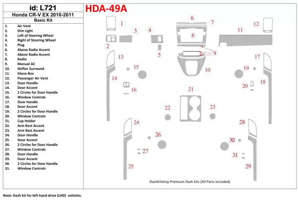 Honda CR-V 2010-UP Basic Set, EX Model Interior BD Dash Trim Kit - 1 - Interior Dash Trim Kit