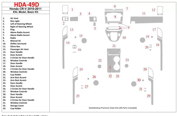 Honda CR-V 2010-UP Basic Set, EXL Model Interior BD Dash Trim Kit - 1 - Interior Dash Trim Kit