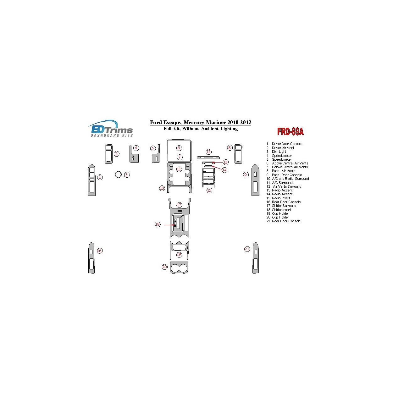 Ford Escape 2010-2012 Full Set Without lighting Ambient lighting Interior BD Dash Trim Kit