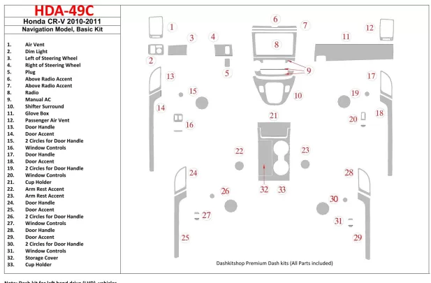 Honda CR-V 2010-UP Basic Set, Navigation Model Interior BD Dash Trim Kit - 1 - Interior Dash Trim Kit