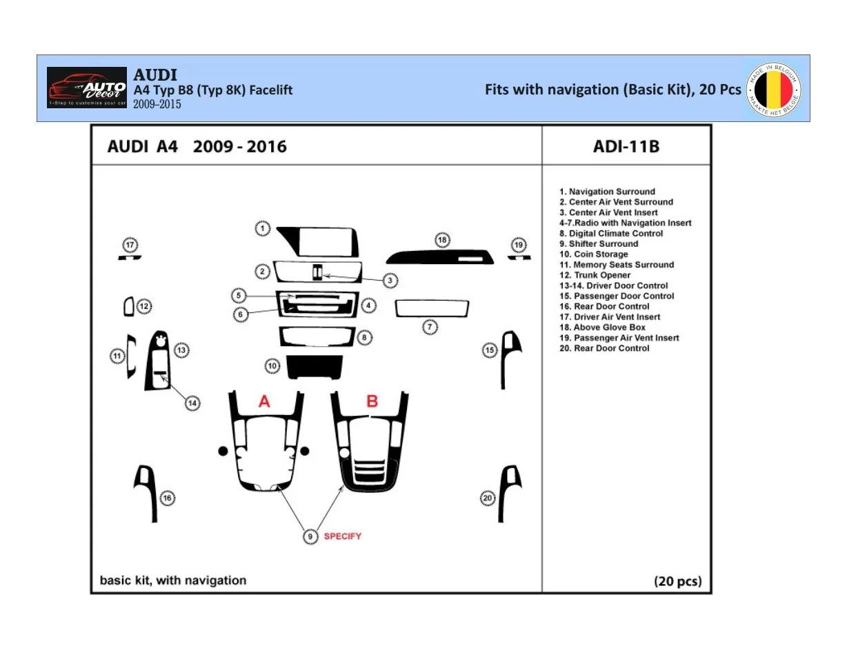 Audi A4 B8 Typ 8K 2009-2015 3D Interior Dashboard Trim Kit Dash Trim Dekor 20-Parts - 1 - Interior Dash Trim Kit