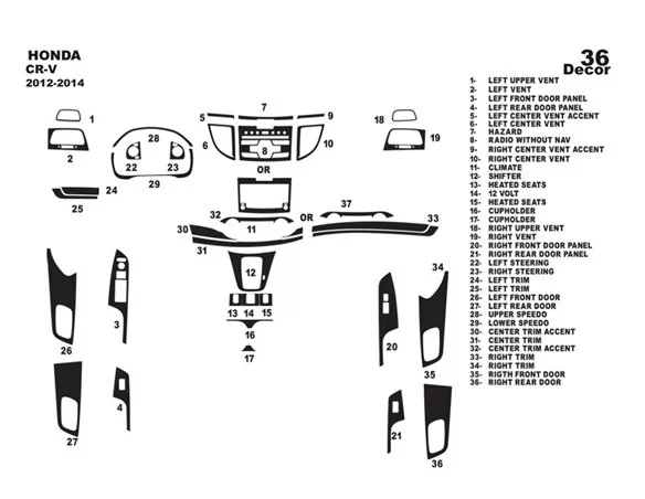 Honda CR-V Mk4 2012-2014 3D Interior Dashboard Trim Kit Dash Trim Dekor 36-Parts - 1 - Interior Dash Trim Kit