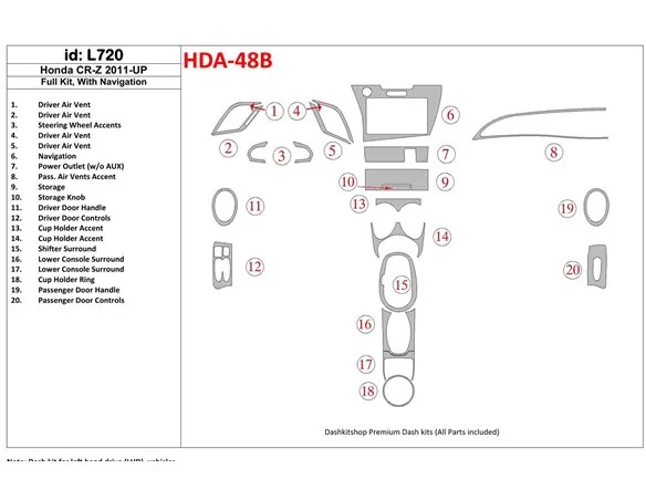 Honda CR-Z 2011-UP Full Set With NAVI Interior BD Dash Trim Kit - 1 - Interior Dash Trim Kit