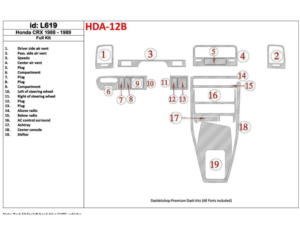 Honda CRX 1988-1989 Full Set Interior BD Dash Trim Kit - 1 - Interior Dash Trim Kit
