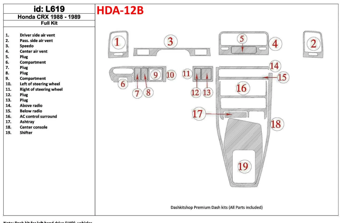 Honda CRX 1988-1989 Full Set Interior BD Dash Trim Kit - 1 - Interior Dash Trim Kit
