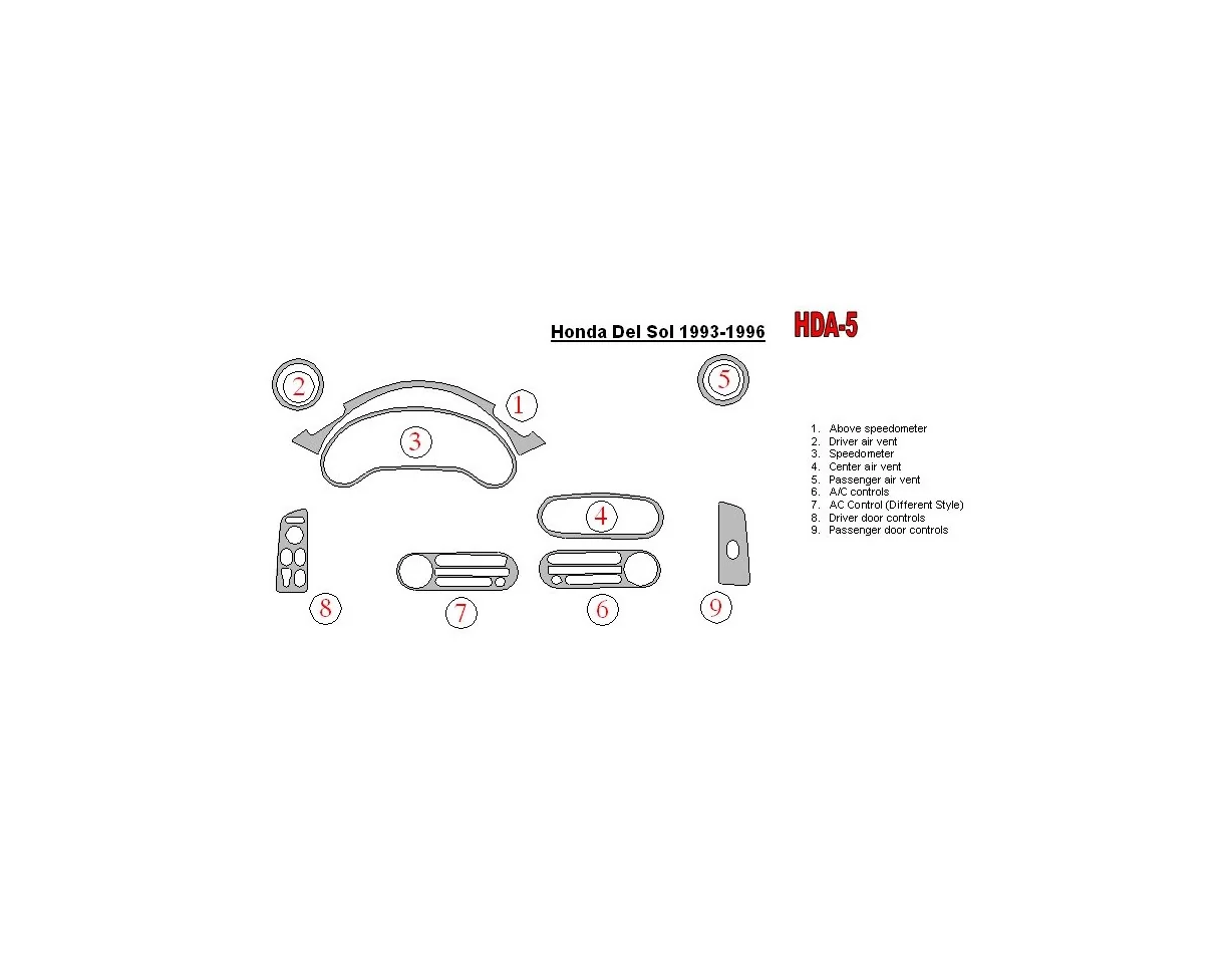 Honda DelSol 1993-1996 Full Set Interior BD Dash Trim Kit - 1 - Interior Dash Trim Kit