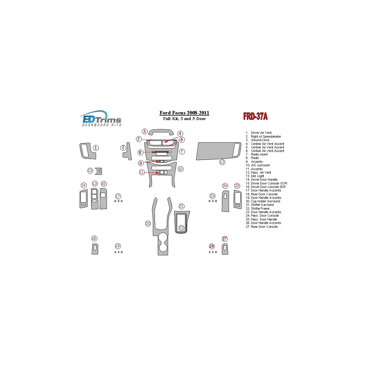 Ford Focus 2008-2011 Full Set, 3 and 5 Doors Interior BD Dash Trim Kit