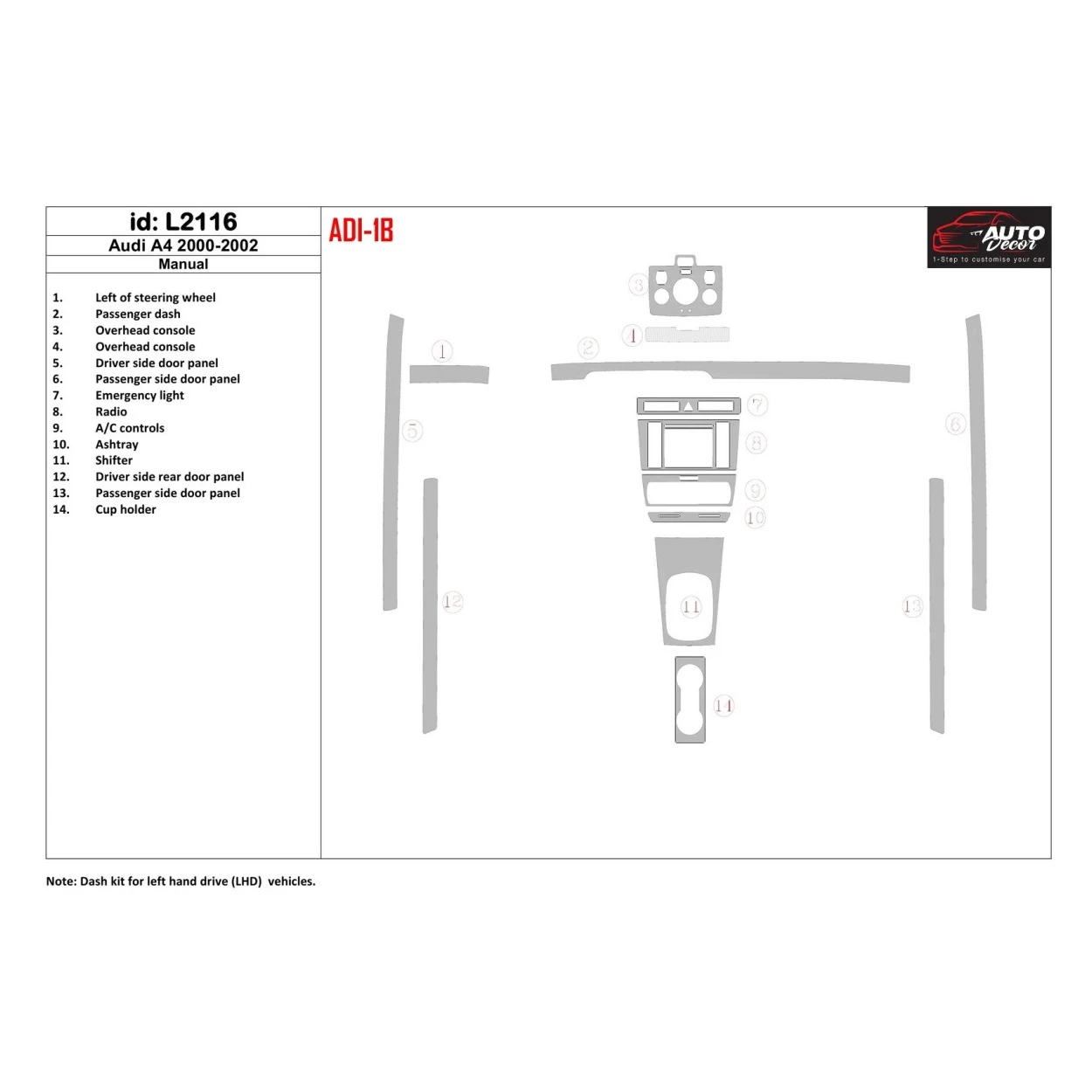 Audi A4 2000-2001 Full Set, Manual.G Interior BD Dash Trim Kit