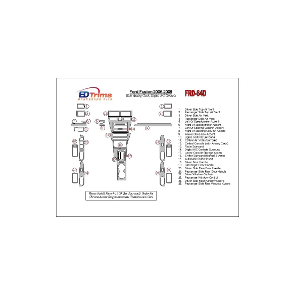 Ford Fusion 2006-2009 With Analogue Clock, Automatic A/C Controls Interior BD Dash Trim Kit