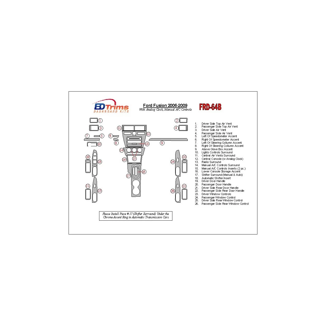 Ford Fusion 2006-2009 With Analogue Clock, Manual Gearbox A/C Controls Interior BD Dash Trim Kit