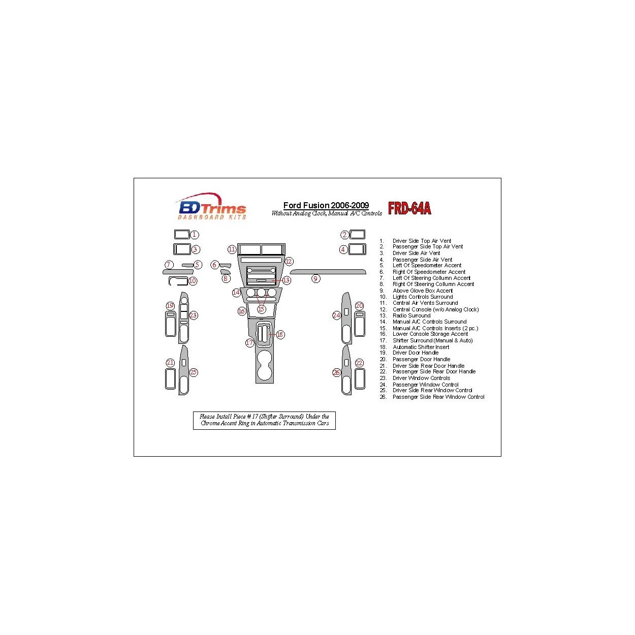 Ford Fusion 2006-2009 With Automatic Clock, Manual Gearbox A/C Controls Interior BD Dash Trim Kit