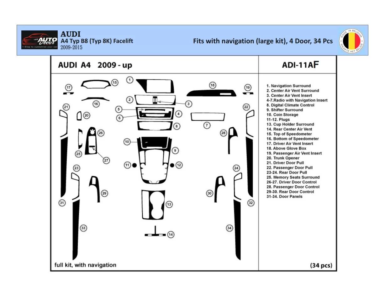 Audi A4 B8 Typ 8K 2009-2015 3D Interior Dashboard Trim Kit Dash Trim Dekor 34-Parts - 1 - Interior Dash Trim Kit