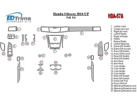 Honda Odyssey 2014-UP Full Set Interior BD Dash Trim Kit - 1 - Interior Dash Trim Kit