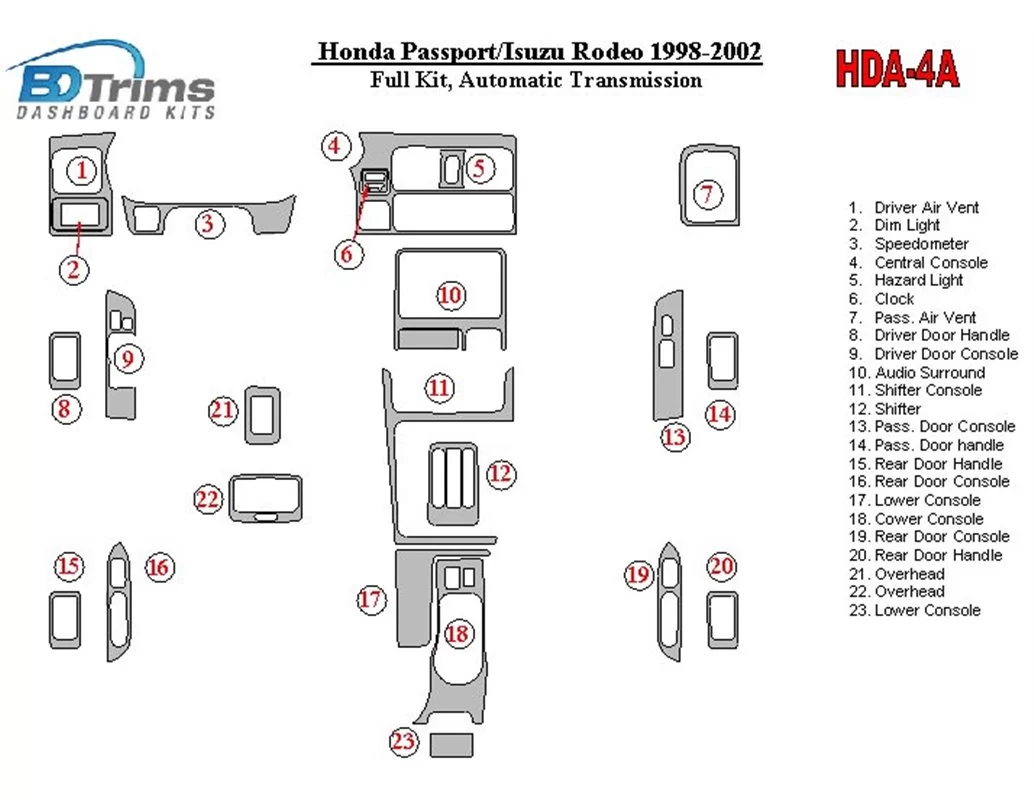 Honda Pasport 1998-2002 Full Set Interior BD Dash Trim Kit - 1 - Interior Dash Trim Kit