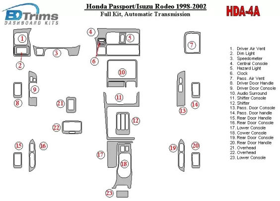 Honda Pasport 1998-2002 Full Set Interior BD Dash Trim Kit - 1 - Interior Dash Trim Kit