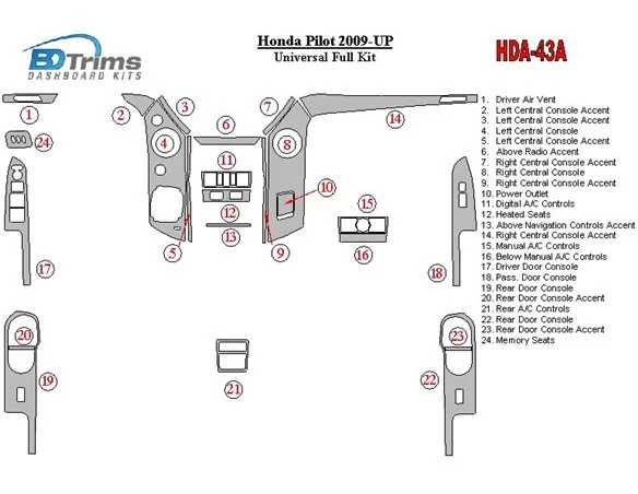 Honda Pilot 2009-UP Universal Full Set Interior BD Dash Trim Kit - 1 - Interior Dash Trim Kit