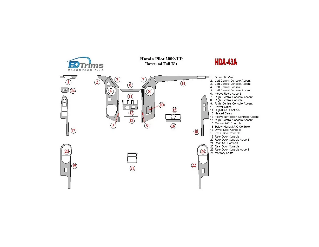 Honda Pilot 2009-UP Universal Full Set Interior BD Dash Trim Kit - 1 - Interior Dash Trim Kit