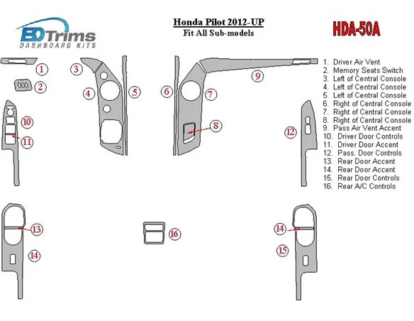 Honda Pilot 2012-UP Interior BD Dash Trim Kit - 1 - Interior Dash Trim Kit