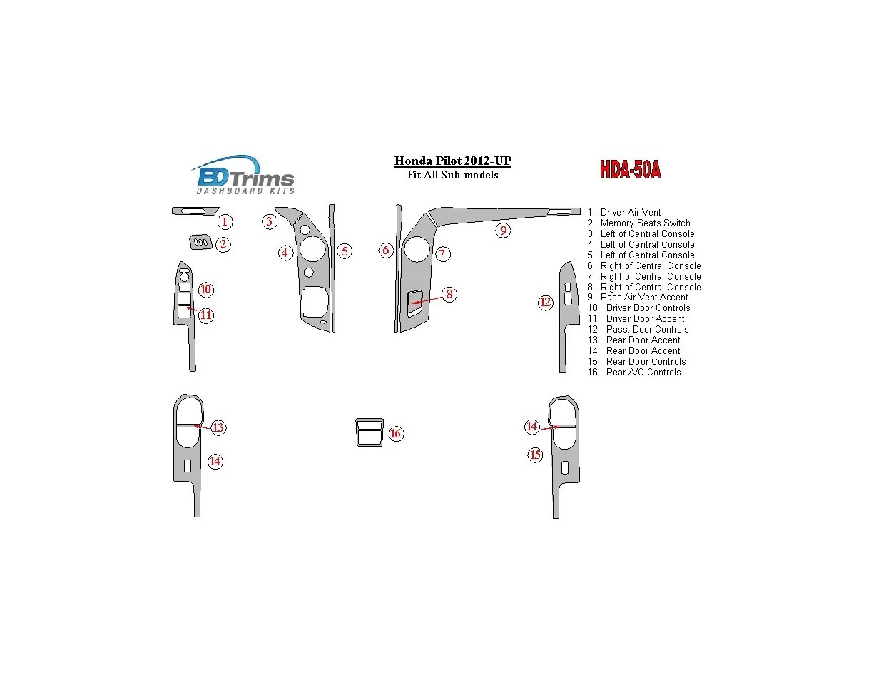 Honda Pilot 2012-UP Interior BD Dash Trim Kit - 1 - Interior Dash Trim Kit