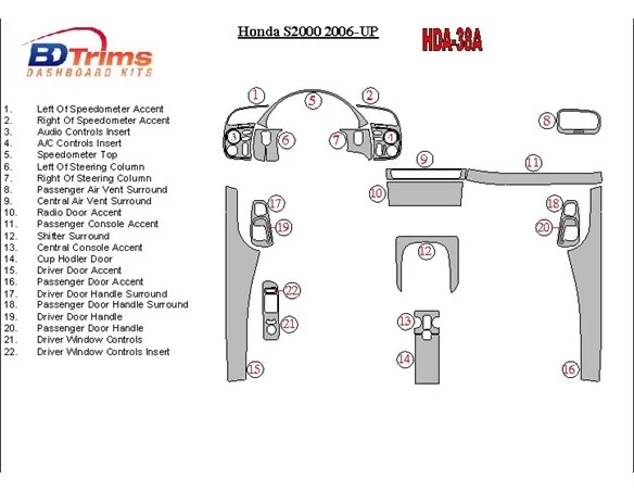 Honda S2000 2006-UP Full Set Interior BD Dash Trim Kit - 1 - Interior Dash Trim Kit