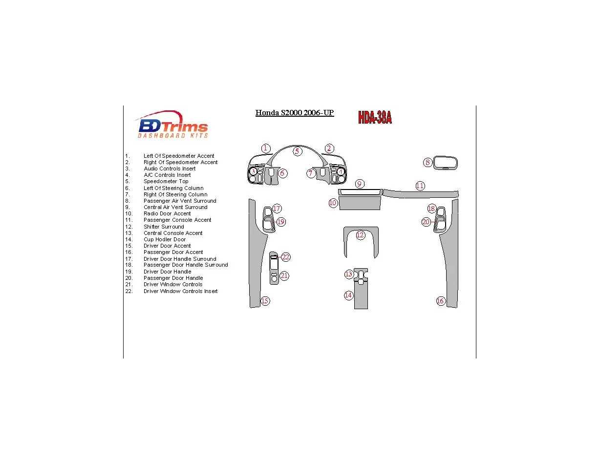 Honda S2000 2006-UP Full Set Interior BD Dash Trim Kit - 1 - Interior Dash Trim Kit