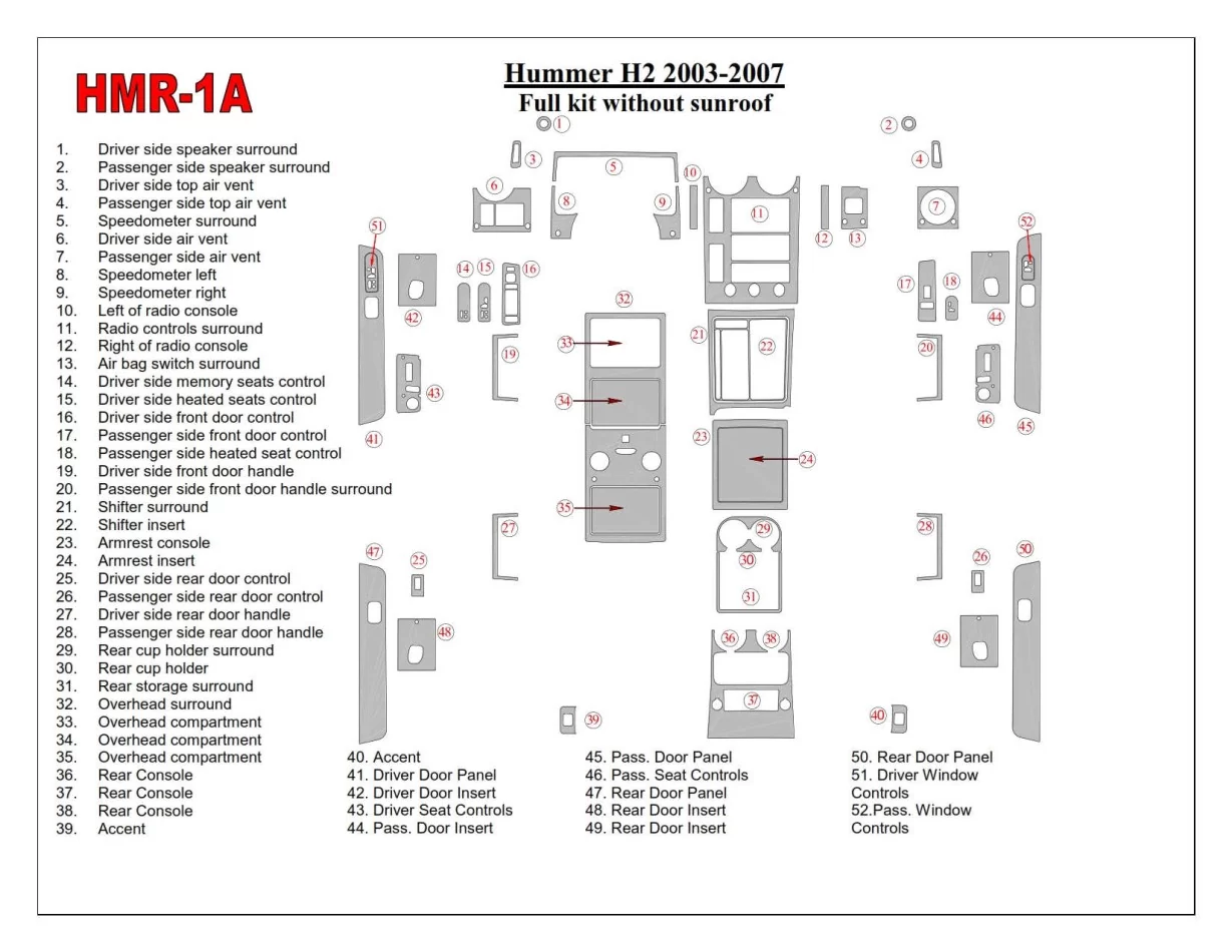 Hummer H2 2003-2007 Full Set, Without Sunroof Interior BD Dash Trim Kit - 1 - Interior Dash Trim Kit