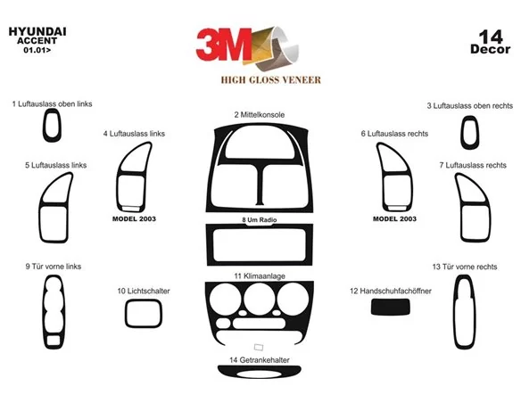 Hyundai Accent 01.01-12.05 3D Interior Dashboard Trim Kit Dash Trim Dekor 14-Parts