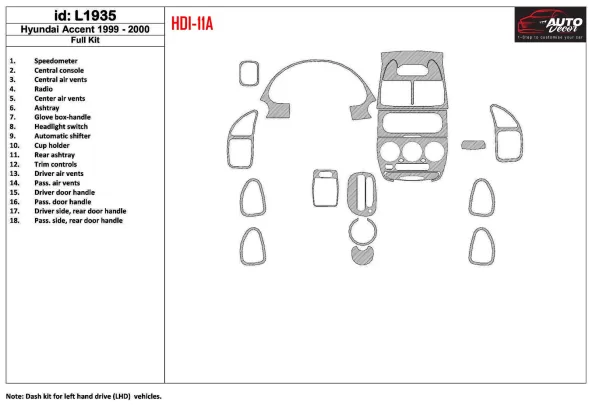 Hyundai Accent 2000-2000 Full Set, 18 Parts set Interior BD Dash Trim Kit - 1 - Interior Dash Trim Kit