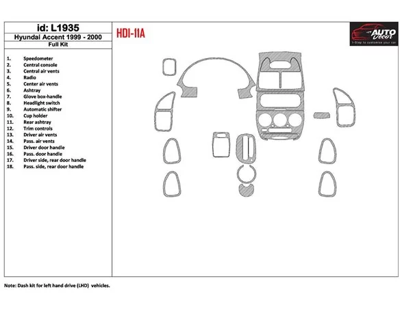 Hyundai Accent 2000-2000 Full Set, 18 Parts set Interior BD Dash Trim Kit - 1 - Interior Dash Trim Kit