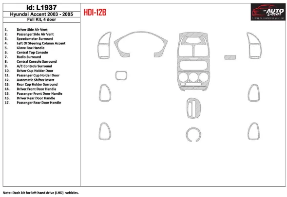 Hyundai Accent 2003-2005 Full Set, 15 Parts set Interior BD Dash Trim Kit - 1 - Interior Dash Trim Kit