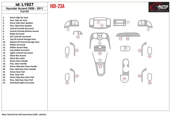 Hyundai Accent 2006-2011 Full Set Interior BD Dash Trim Kit - 1 - Interior Dash Trim Kit