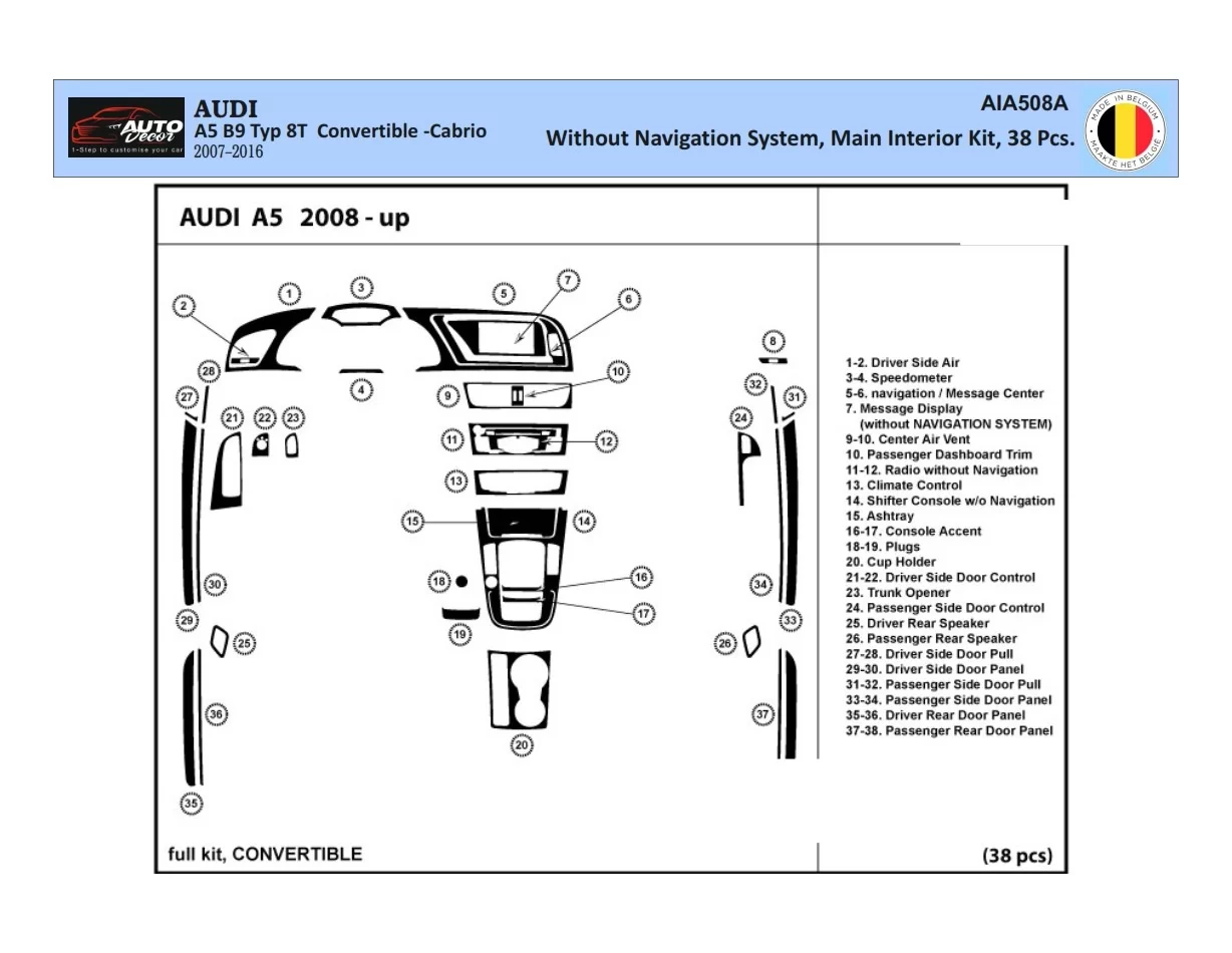 Audi A5 2008-2014 Hatchback 3D Interior Dashboard Trim Kit Dash Trim Dekor 42-Parts - 1 - Interior Dash Trim Kit
